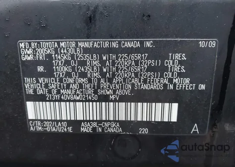 2010 Toyota Rav4 Limited z USA, uszkodzony, nr VIN 2T3YF4DV8AW021450